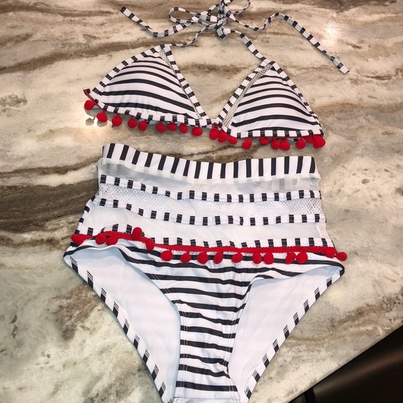 Black & White Cut-Out Bikini w/ Pom Poms - Picture 2 of 9